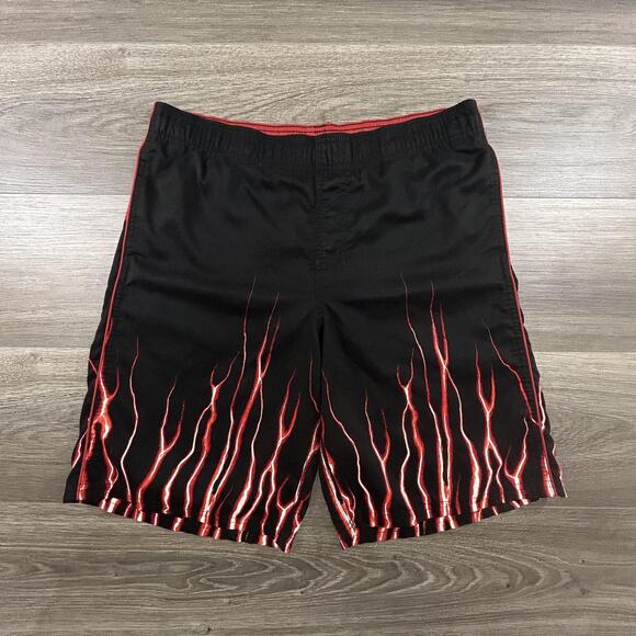 Vintage Nike Shorts Mens Large Black Red Electric Flame Graphic Board Swimwear - Picture 1 of 6